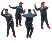 A man is pictured in four different positions as he dances around with his hands in the air