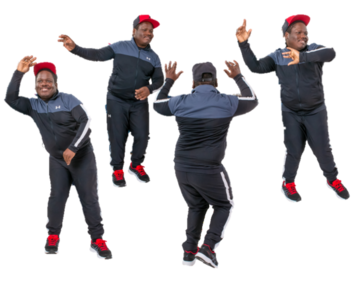 A man is pictured in four different positions as he dances around with his hands in the air