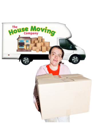 A woman carrying a big cardboard box in front of a house removal van