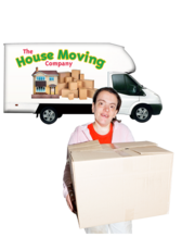 A woman carrying a big cardboard box in front of a house removal van