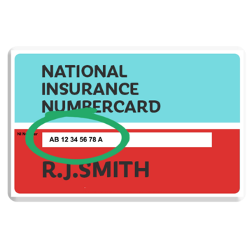 A card with the words National Insurance Numbercard written on it with a reference number circled in red and a persons name