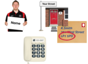 A man holding up a sign saying 'Name', a front door and an addressed envelope with a post code, and a telephone showing a telephone number