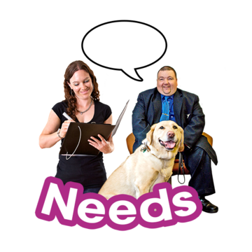 A woman with a clip board and a man with a guide dog talking to her about his needs