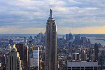 The New York skyline, with the Empire State Building in the middle of the photo.