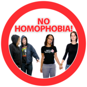 A group of people inside a red circle with the text above them reading "No Homophobia!"