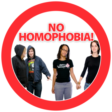A group of people inside a red circle with the text above them reading "No Homophobia!"
