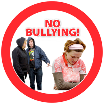 A photograph of a woman looking sad as two people talk about her behind her back. The photograph is inside a red circle with the title No Bullying.