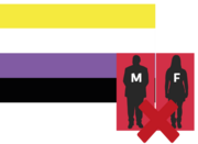 The non-binary flag sits behind silhouettes of a man and a woman which have a red cross over them