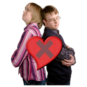 A young girl is standing with her arms folded back to back with a young man. Between them is a heart symbol with a cross over it