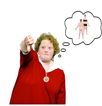 A woman who has her thumb down thinking about sex 