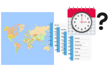 A map of the world next to a calendar showing 4 weeks and a question mark next to the date