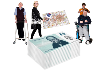 A pile of money underneath pictures of a map and three different people moving about