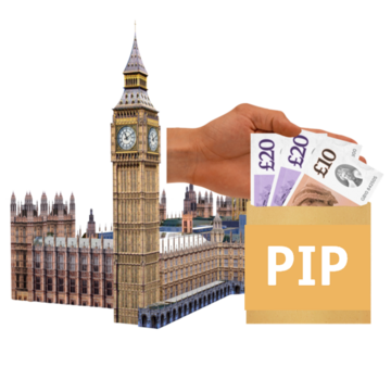 The Houses of Parliament are shown next to a hand holding pound notes from an envelope which says PIP