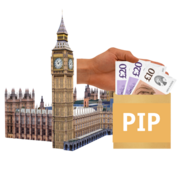 The Houses of Parliament are shown next to a hand holding pound notes from an envelope which says PIP
