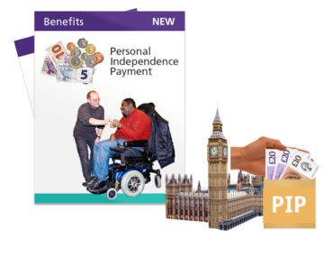 A leaflet saying Personal Independence Payment next to the Houses of Parliament and a hand holding cash