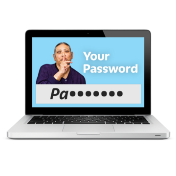 A laptop screen showing someone's password and a picture of a woman with her finger to her lips