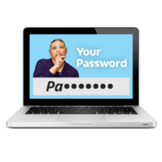 A laptop screen showing someone's password and a picture of a woman with her finger to her lips