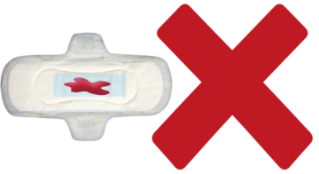 A sanitary towel with some blood on it next to a red cross