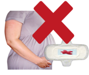 A pregnant woman and a sanitary towel with a bit of blood on it have a red cross over them