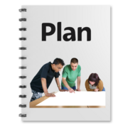 An A4 notebook with 'Plan' written on the cover. 