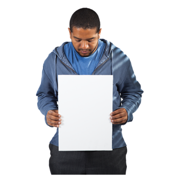 A man holding a poster in his hands. 
