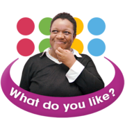 A woman holds her hand to her chin and thinks. Behind her a coloured circles and text reads "What do you like?"