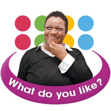 A woman holds her hand to her chin and thinks. Behind her a coloured circles and text reads "What do you like?"