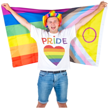 A man wearing a rainbow coloured hat, a Pride Tshirt and holding up the new LGBT+ flag over his head