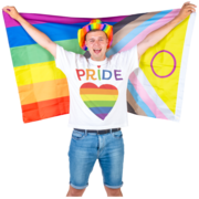 A man wearing a rainbow hat and a Pride T-shirt who is holding a Pride flag