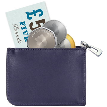 An open purse showing pound notes and coins going into it.