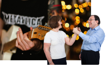 A man and a woman clasping hands in front of someone playing a guitar in a Metallica T-shirt