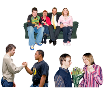 Two male friends greeting each other. A family sitting on a sofa. A young man giving a young woman a bouquet of flowers 