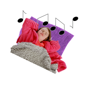 A woman relaxing on a rug, with another rug over her, listening to music relaxing