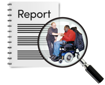 A report beside a magnifying glass over a man in a wheelchair being given a cup of coffee by a supporter