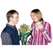 A young man giving a bouquet of flowers to a  young woman