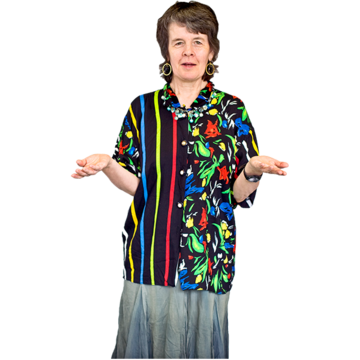 A woman shrugging and holding her hands out in front of her.