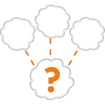 Three thought bubbles connected to another thought bubble with a question mark inside it.