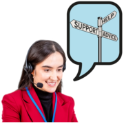 A woman wearing a telephone headset with a speech bubble showing a sign post to support, help and advice