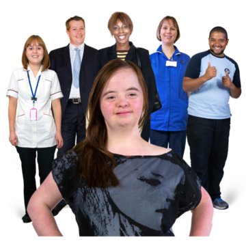 A woman with Down's Syndrome stands in front of a team of people who can support her