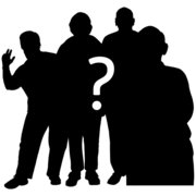 A black silhouette of 4 people. One is waving. Inside the silhouette is a white question mark