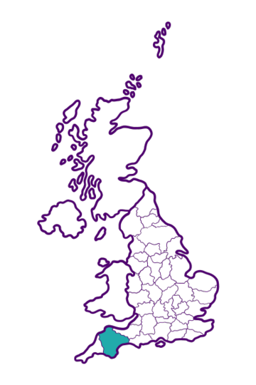 A line map of the UK showing all the county boundaries in England. The county of Devon is highlighted in green.