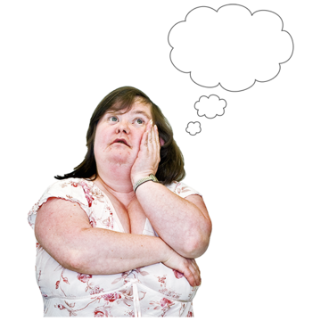 A a woman looks up with her hand on her face with a thought bubble above her head.