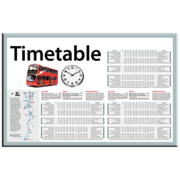 A sheet of paper showing red bus next to a clock and a lot of times and locations. At the top of the paper it says Timetable