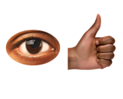 An eye next to a hand with its thumb up.