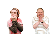 A woman biting her nails next to a man clapping his hands together.