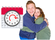 A blank calendar with a clock beside a man and woman hugging and smiling