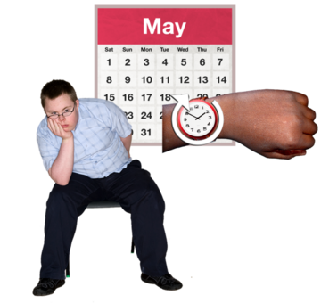 A man is waiting on a chair looking bored. Behind him is a month from a calendar and an arm with a wristwatch