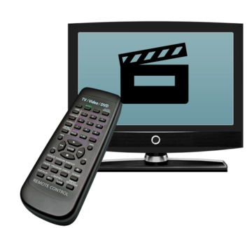 A remote control pointing to a TV screen with a film clapperboard on it