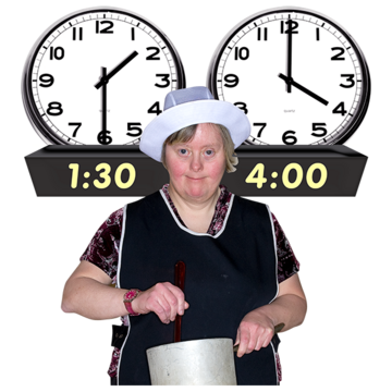 A woman works in a kitchen. Two clocks behind her indicate that she is working between the hours of 1:30 and 4:00. 