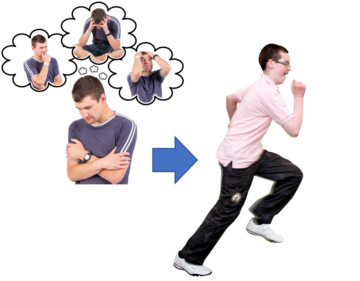 A man holding his arms across his chest thinking of being worried with an arrow pointing to a man running away